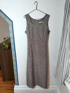 Vintage 90s Floral Midi Dress Grey A-Line Rom Com Summer Dress